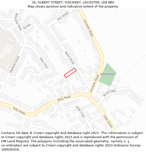 16, ALBERT STREET, FLECKNEY, LEICESTER, LE8 8BA: Location map and indicative extent of plot