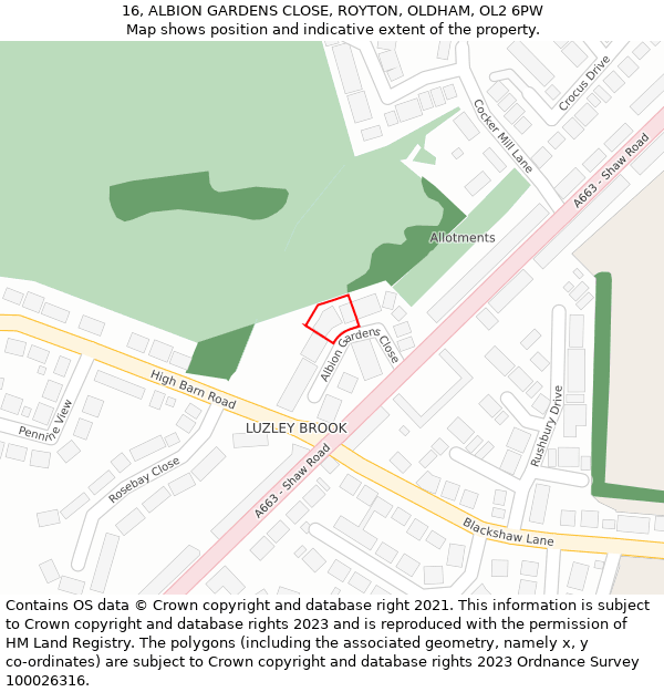 16, ALBION GARDENS CLOSE, ROYTON, OLDHAM, OL2 6PW: Location map and indicative extent of plot