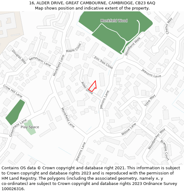 16, ALDER DRIVE, GREAT CAMBOURNE, CAMBRIDGE, CB23 6AQ: Location map and indicative extent of plot