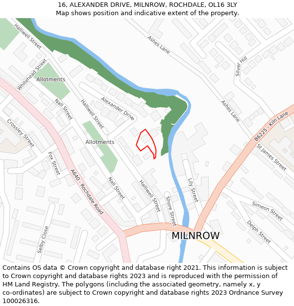 16, ALEXANDER DRIVE, MILNROW, ROCHDALE, OL16 3LY: Location map and indicative extent of plot