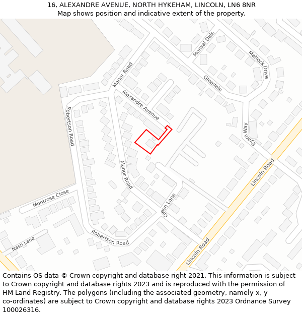 16, ALEXANDRE AVENUE, NORTH HYKEHAM, LINCOLN, LN6 8NR: Location map and indicative extent of plot