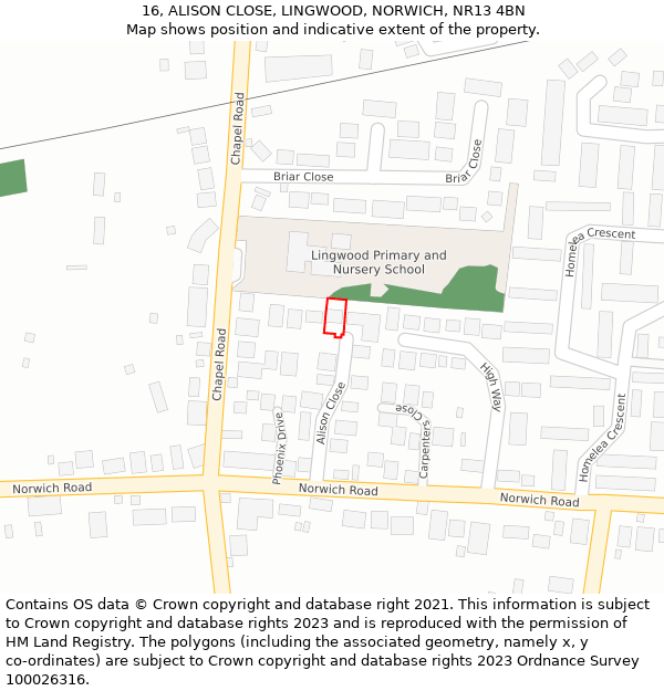 16, ALISON CLOSE, LINGWOOD, NORWICH, NR13 4BN: Location map and indicative extent of plot