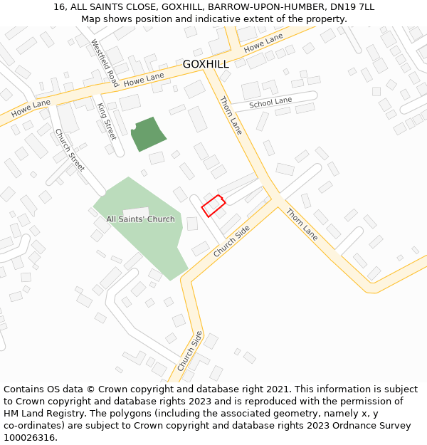 16, ALL SAINTS CLOSE, GOXHILL, BARROW-UPON-HUMBER, DN19 7LL: Location map and indicative extent of plot