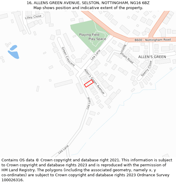 16, ALLENS GREEN AVENUE, SELSTON, NOTTINGHAM, NG16 6BZ: Location map and indicative extent of plot