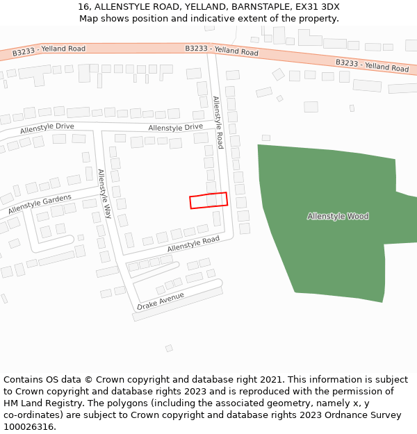 16, ALLENSTYLE ROAD, YELLAND, BARNSTAPLE, EX31 3DX: Location map and indicative extent of plot