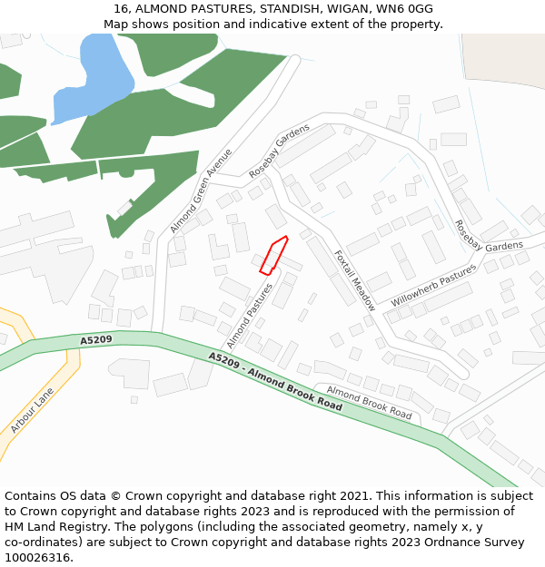 16, ALMOND PASTURES, STANDISH, WIGAN, WN6 0GG: Location map and indicative extent of plot