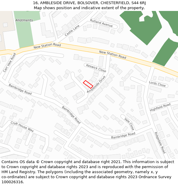 16, AMBLESIDE DRIVE, BOLSOVER, CHESTERFIELD, S44 6RJ: Location map and indicative extent of plot