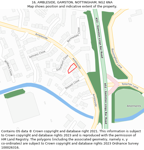 16, AMBLESIDE, GAMSTON, NOTTINGHAM, NG2 6NA: Location map and indicative extent of plot