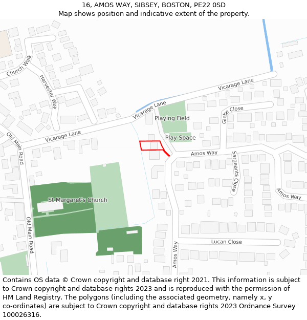 16, AMOS WAY, SIBSEY, BOSTON, PE22 0SD: Location map and indicative extent of plot