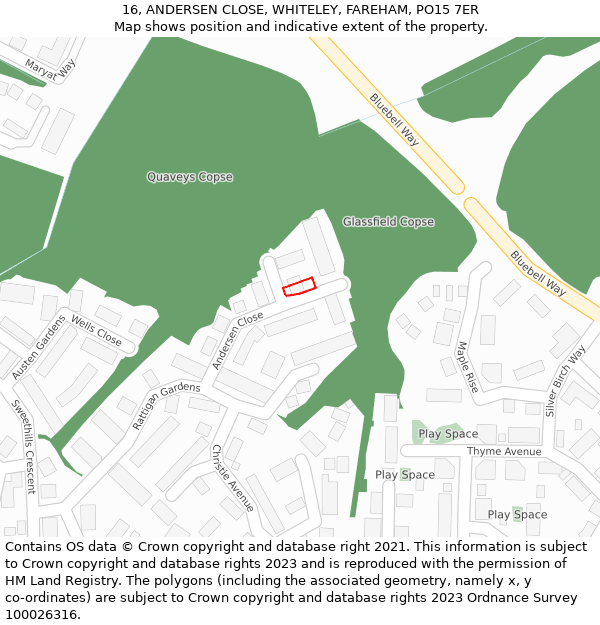 16, ANDERSEN CLOSE, WHITELEY, FAREHAM, PO15 7ER: Location map and indicative extent of plot