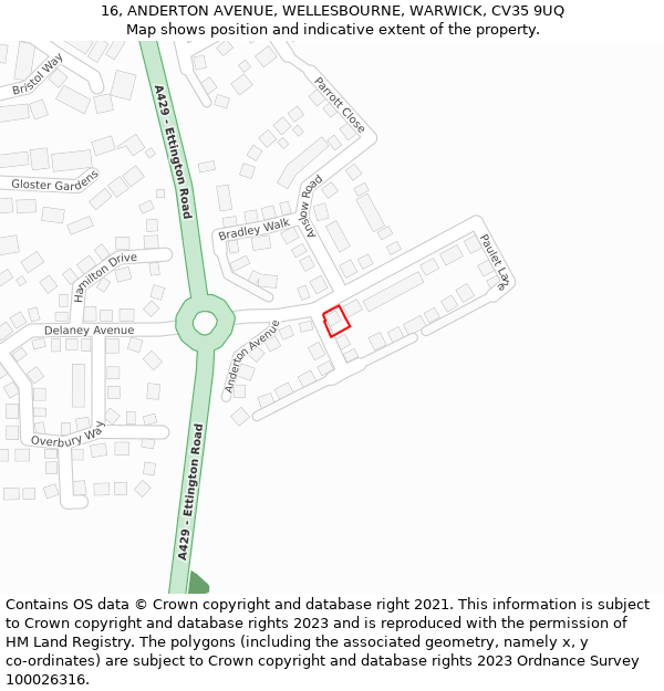 16, ANDERTON AVENUE, WELLESBOURNE, WARWICK, CV35 9UQ: Location map and indicative extent of plot