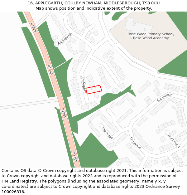 16, APPLEGARTH, COULBY NEWHAM, MIDDLESBROUGH, TS8 0UU: Location map and indicative extent of plot