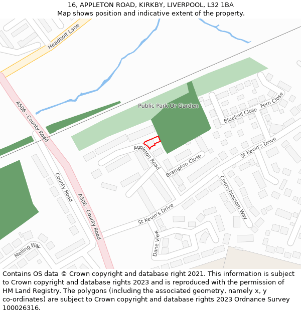 16, APPLETON ROAD, KIRKBY, LIVERPOOL, L32 1BA: Location map and indicative extent of plot