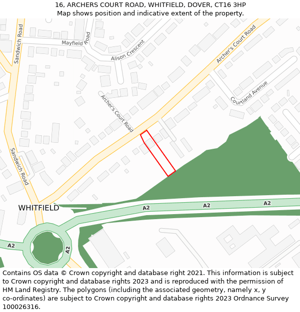 16, ARCHERS COURT ROAD, WHITFIELD, DOVER, CT16 3HP: Location map and indicative extent of plot