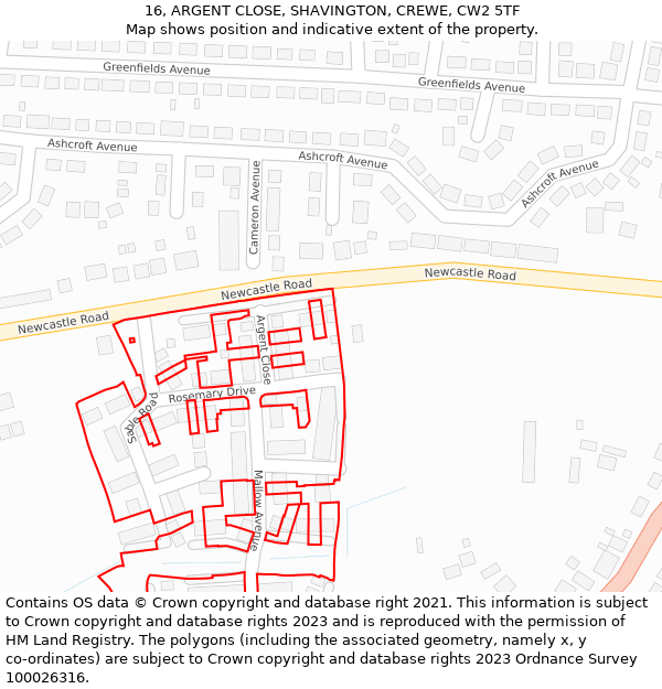 16, ARGENT CLOSE, SHAVINGTON, CREWE, CW2 5TF: Location map and indicative extent of plot