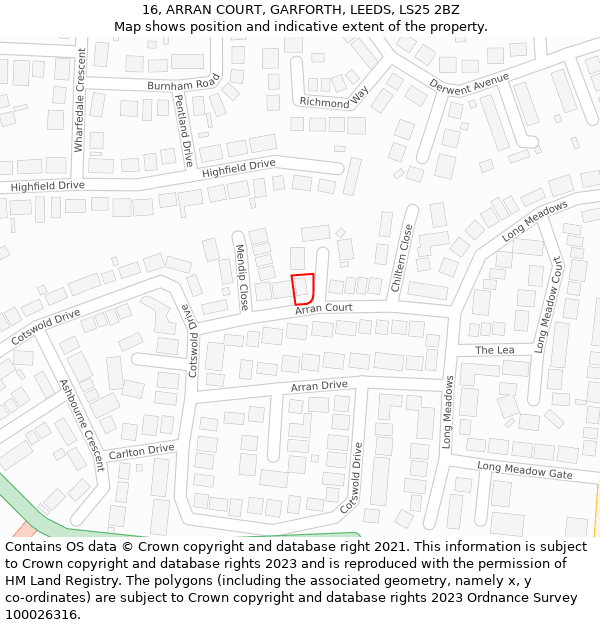 16, ARRAN COURT, GARFORTH, LEEDS, LS25 2BZ: Location map and indicative extent of plot