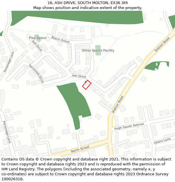 16, ASH DRIVE, SOUTH MOLTON, EX36 3FA: Location map and indicative extent of plot