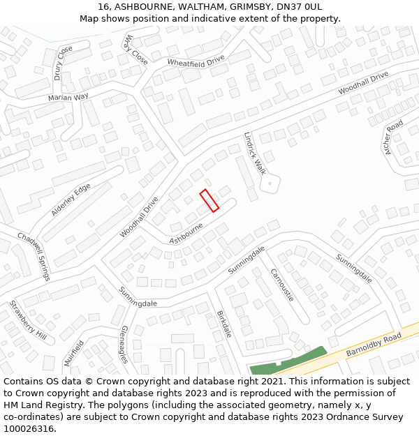 16, ASHBOURNE, WALTHAM, GRIMSBY, DN37 0UL: Location map and indicative extent of plot