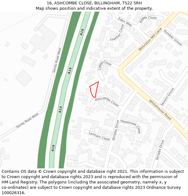 16, ASHCOMBE CLOSE, BILLINGHAM, TS22 5RH: Location map and indicative extent of plot