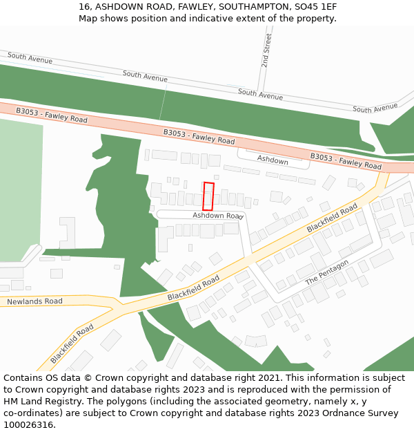 16, ASHDOWN ROAD, FAWLEY, SOUTHAMPTON, SO45 1EF: Location map and indicative extent of plot