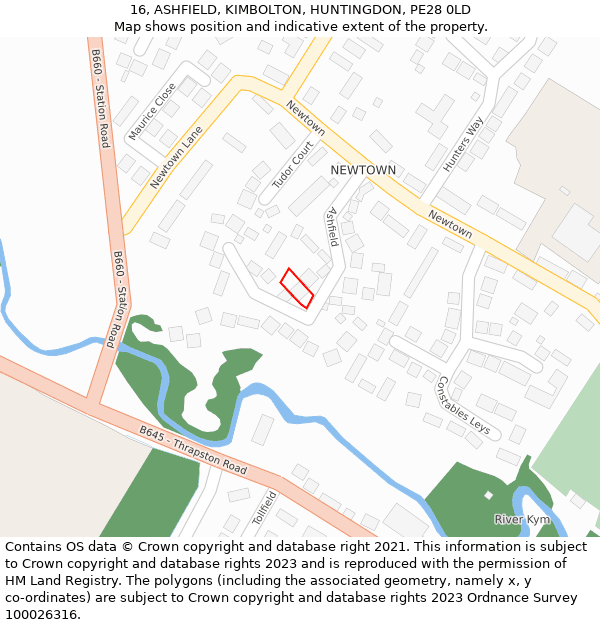 16, ASHFIELD, KIMBOLTON, HUNTINGDON, PE28 0LD: Location map and indicative extent of plot