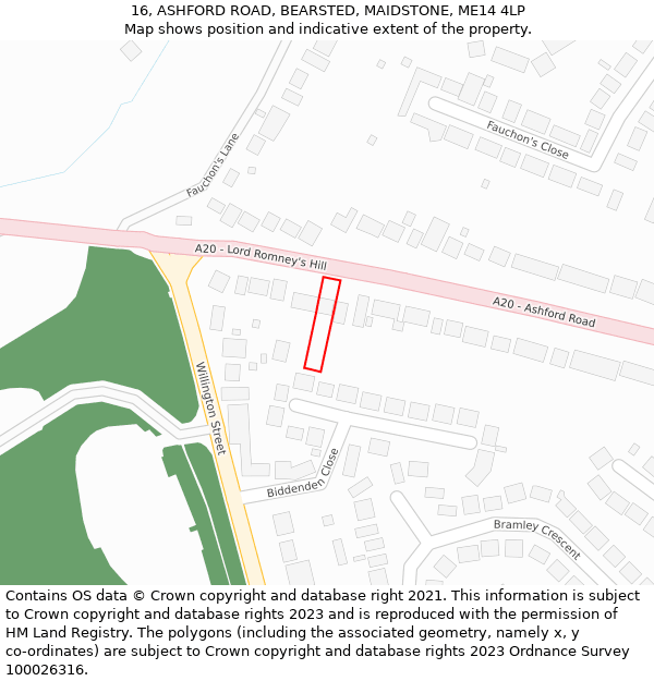 16, ASHFORD ROAD, BEARSTED, MAIDSTONE, ME14 4LP: Location map and indicative extent of plot