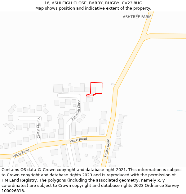 16, ASHLEIGH CLOSE, BARBY, RUGBY, CV23 8UG: Location map and indicative extent of plot