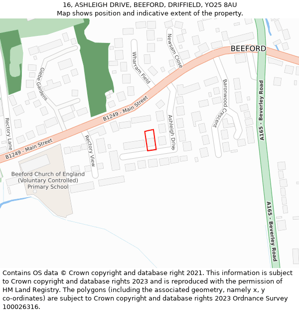 16, ASHLEIGH DRIVE, BEEFORD, DRIFFIELD, YO25 8AU: Location map and indicative extent of plot