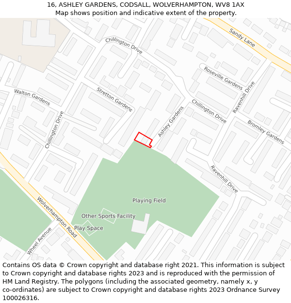 16, ASHLEY GARDENS, CODSALL, WOLVERHAMPTON, WV8 1AX: Location map and indicative extent of plot