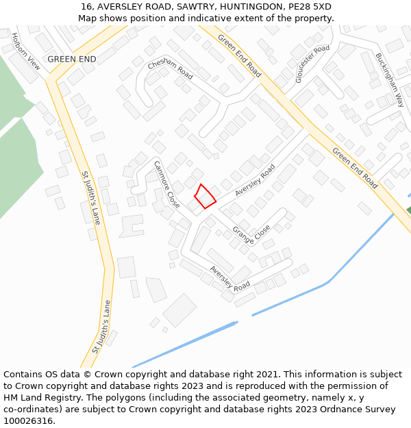 16, AVERSLEY ROAD, SAWTRY, HUNTINGDON, PE28 5XD: Location map and indicative extent of plot