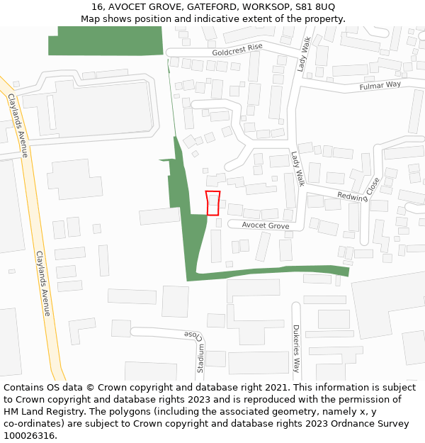 16, AVOCET GROVE, GATEFORD, WORKSOP, S81 8UQ: Location map and indicative extent of plot