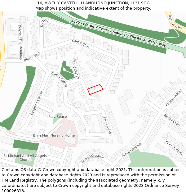 16, AWEL Y CASTELL, LLANDUDNO JUNCTION, LL31 9GG: Location map and indicative extent of plot