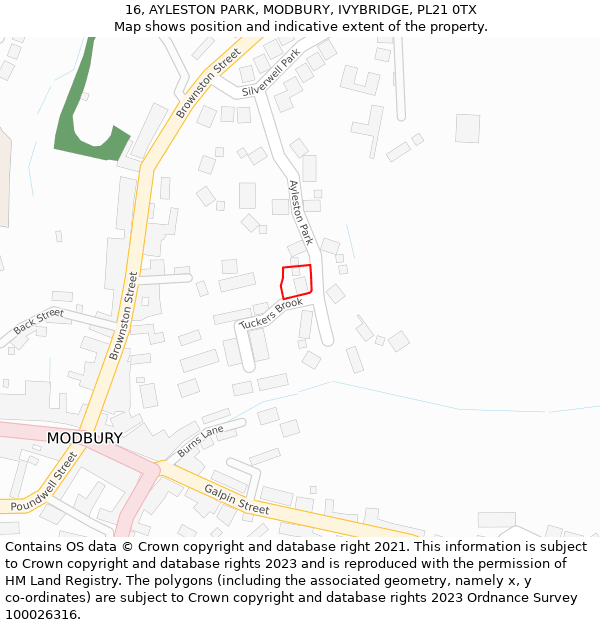 16, AYLESTON PARK, MODBURY, IVYBRIDGE, PL21 0TX: Location map and indicative extent of plot