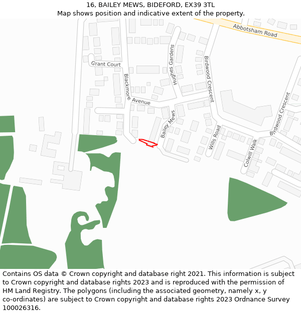 16, BAILEY MEWS, BIDEFORD, EX39 3TL: Location map and indicative extent of plot