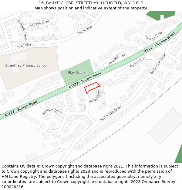 16, BAILYE CLOSE, STREETHAY, LICHFIELD, WS13 8LD: Location map and indicative extent of plot