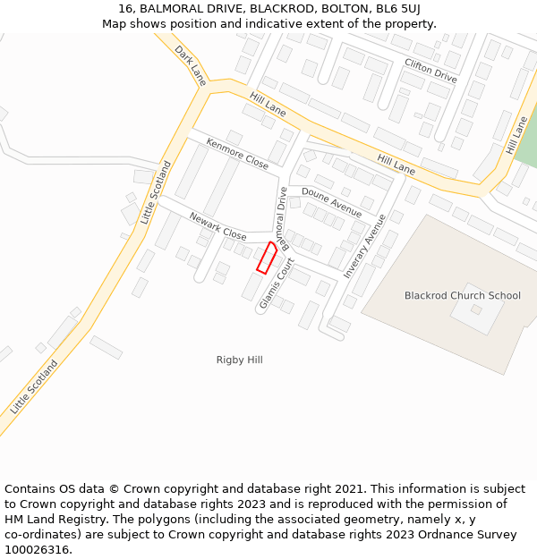 16, BALMORAL DRIVE, BLACKROD, BOLTON, BL6 5UJ: Location map and indicative extent of plot