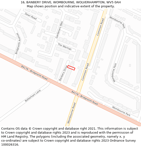 16, BANBERY DRIVE, WOMBOURNE, WOLVERHAMPTON, WV5 0AH: Location map and indicative extent of plot