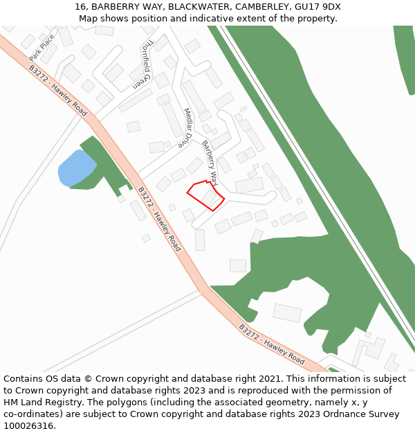 16, BARBERRY WAY, BLACKWATER, CAMBERLEY, GU17 9DX: Location map and indicative extent of plot
