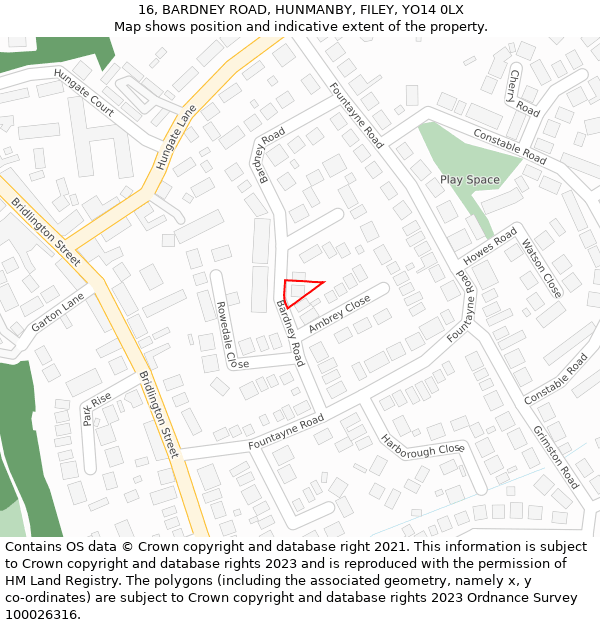 16, BARDNEY ROAD, HUNMANBY, FILEY, YO14 0LX: Location map and indicative extent of plot