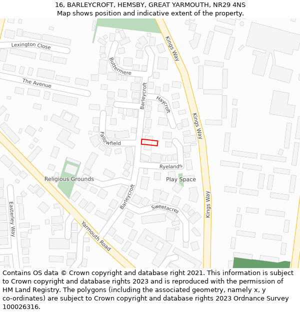 16, BARLEYCROFT, HEMSBY, GREAT YARMOUTH, NR29 4NS: Location map and indicative extent of plot