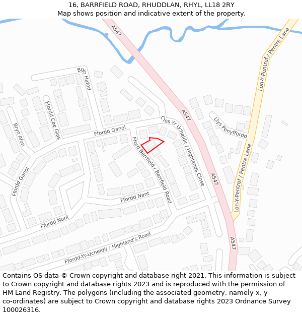 16, BARRFIELD ROAD, RHUDDLAN, RHYL, LL18 2RY: Location map and indicative extent of plot