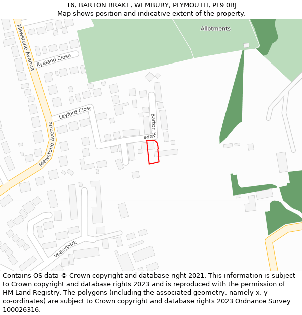 16, BARTON BRAKE, WEMBURY, PLYMOUTH, PL9 0BJ: Location map and indicative extent of plot