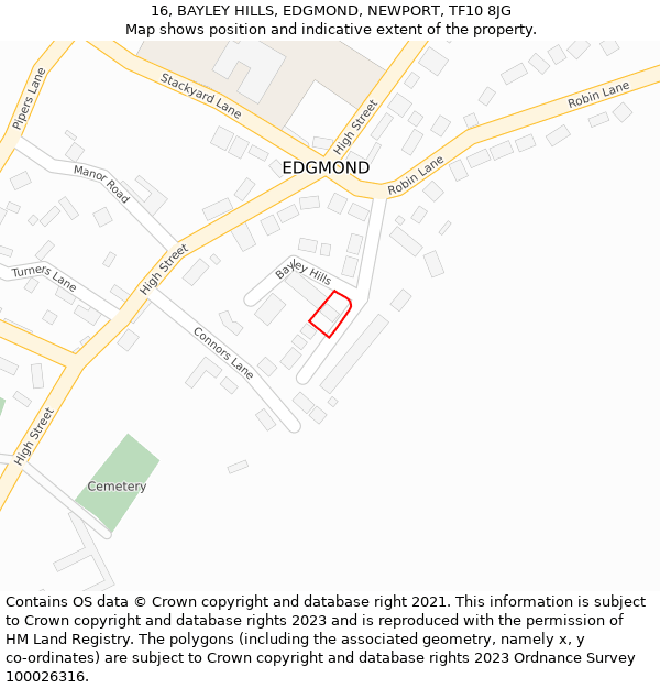 16, BAYLEY HILLS, EDGMOND, NEWPORT, TF10 8JG: Location map and indicative extent of plot