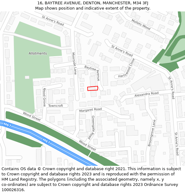 16, BAYTREE AVENUE, DENTON, MANCHESTER, M34 3FJ: Location map and indicative extent of plot