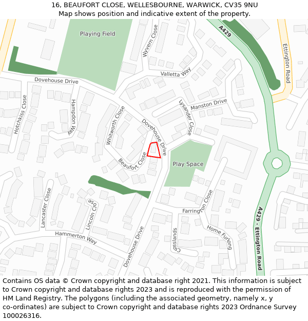 16, BEAUFORT CLOSE, WELLESBOURNE, WARWICK, CV35 9NU: Location map and indicative extent of plot