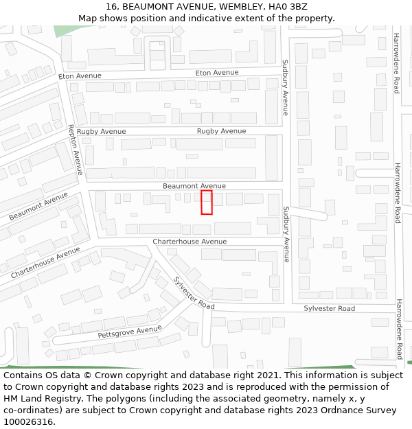 16, BEAUMONT AVENUE, WEMBLEY, HA0 3BZ: Location map and indicative extent of plot