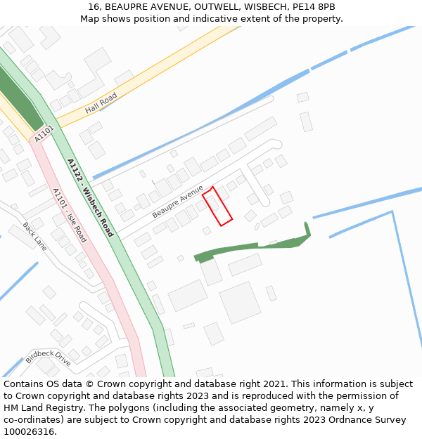 16, BEAUPRE AVENUE, OUTWELL, WISBECH, PE14 8PB: Location map and indicative extent of plot