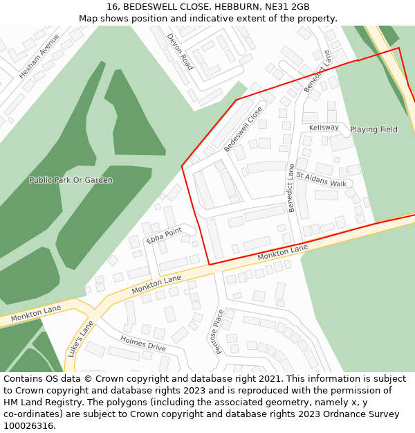 16, BEDESWELL CLOSE, HEBBURN, NE31 2GB: Location map and indicative extent of plot