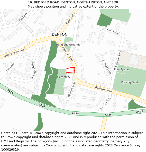 16, BEDFORD ROAD, DENTON, NORTHAMPTON, NN7 1DR: Location map and indicative extent of plot
