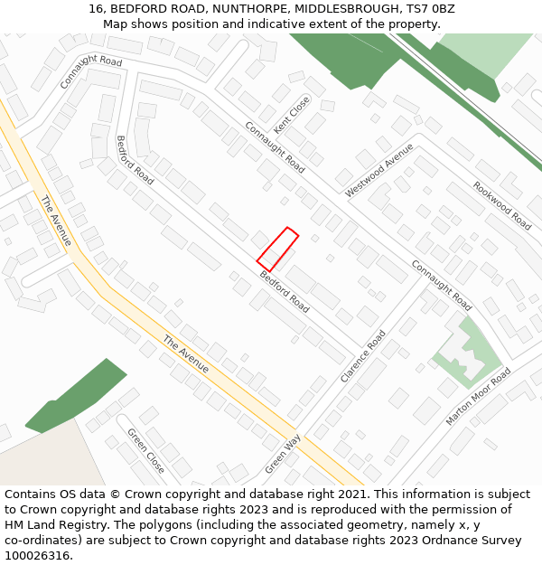 16, BEDFORD ROAD, NUNTHORPE, MIDDLESBROUGH, TS7 0BZ: Location map and indicative extent of plot